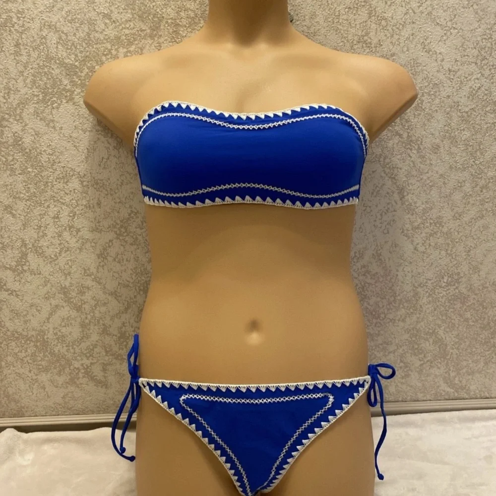 Express Royal Blue and White Embroidered Bikini Set